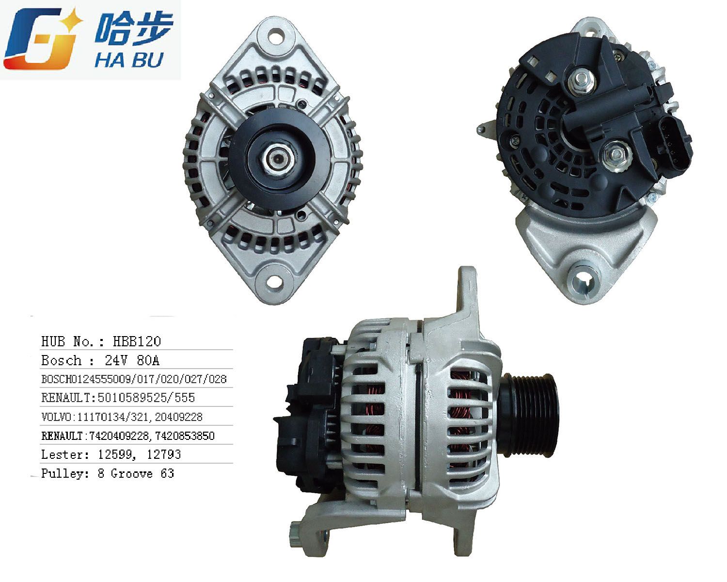 AC/ Auto Alternator for Volvo 24V 80A 0-124-555-009, 0-124-555-017